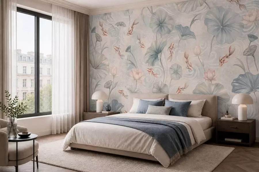 Fotobehang Koi-vissen tussen bladeren en roze bloemen op een lichte achtergrond w05807