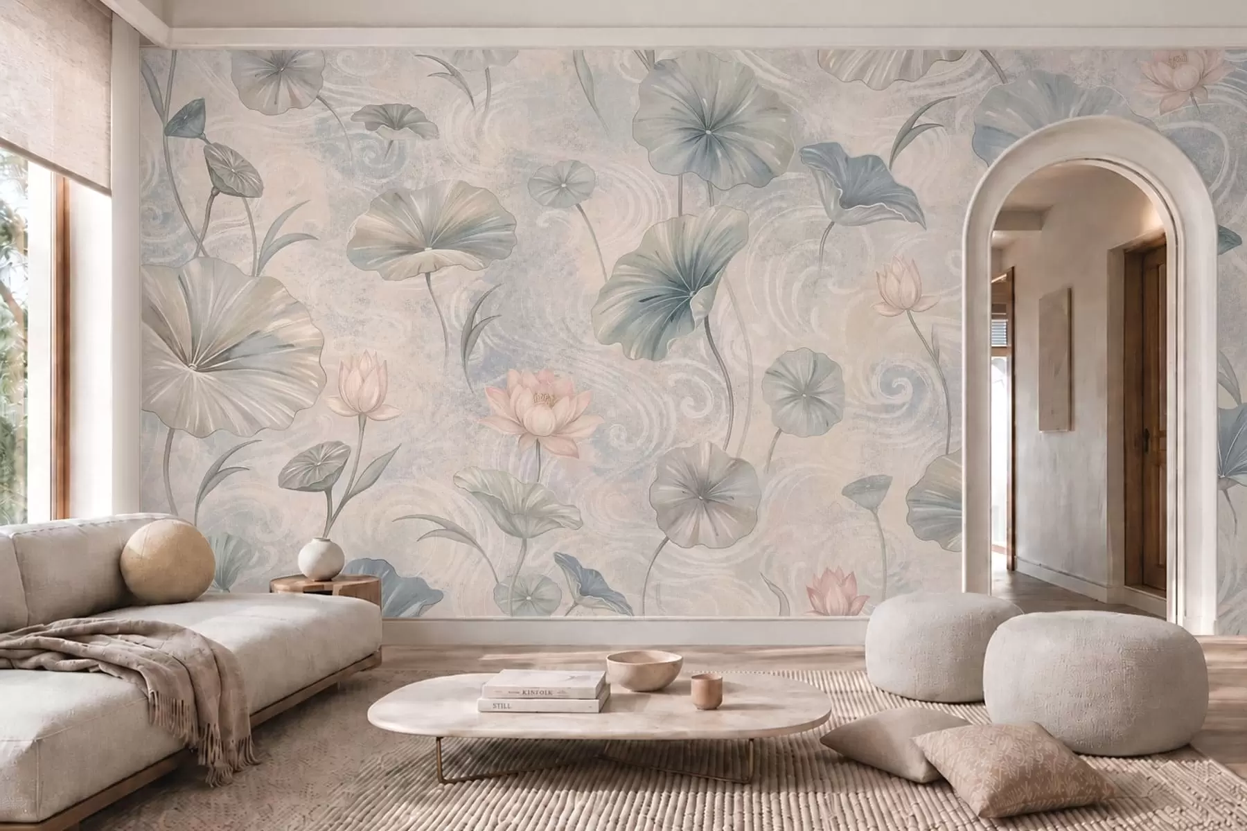 Fotobehang Grote bladeren en roze bloemen tegen een lichte achtergrond w05808