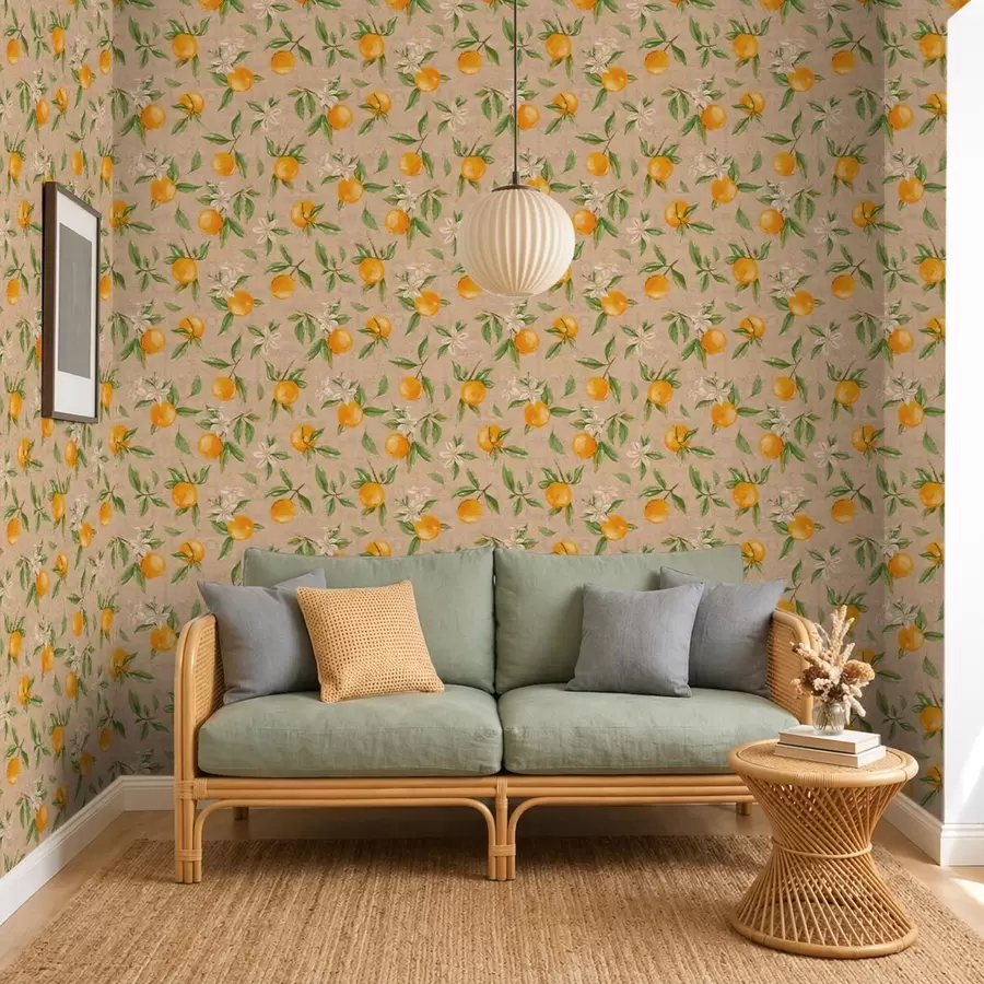 Fotobehang Sinaasappels, groene bladeren en witte bloemen a01264