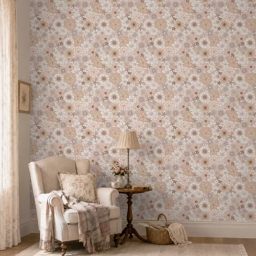 Fotobehang Dicht bloemenpatroon in zachte pasteltinten a01269