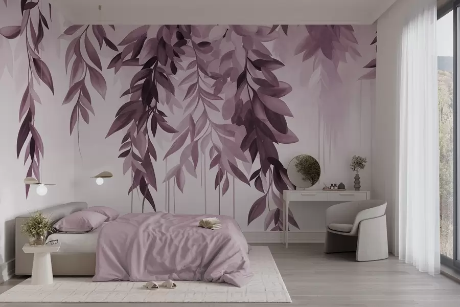 Papier peint photo Feuilles abstraites retombantes dans des tons de violet et de rose, dotées de tiges longues et fines w10057v1