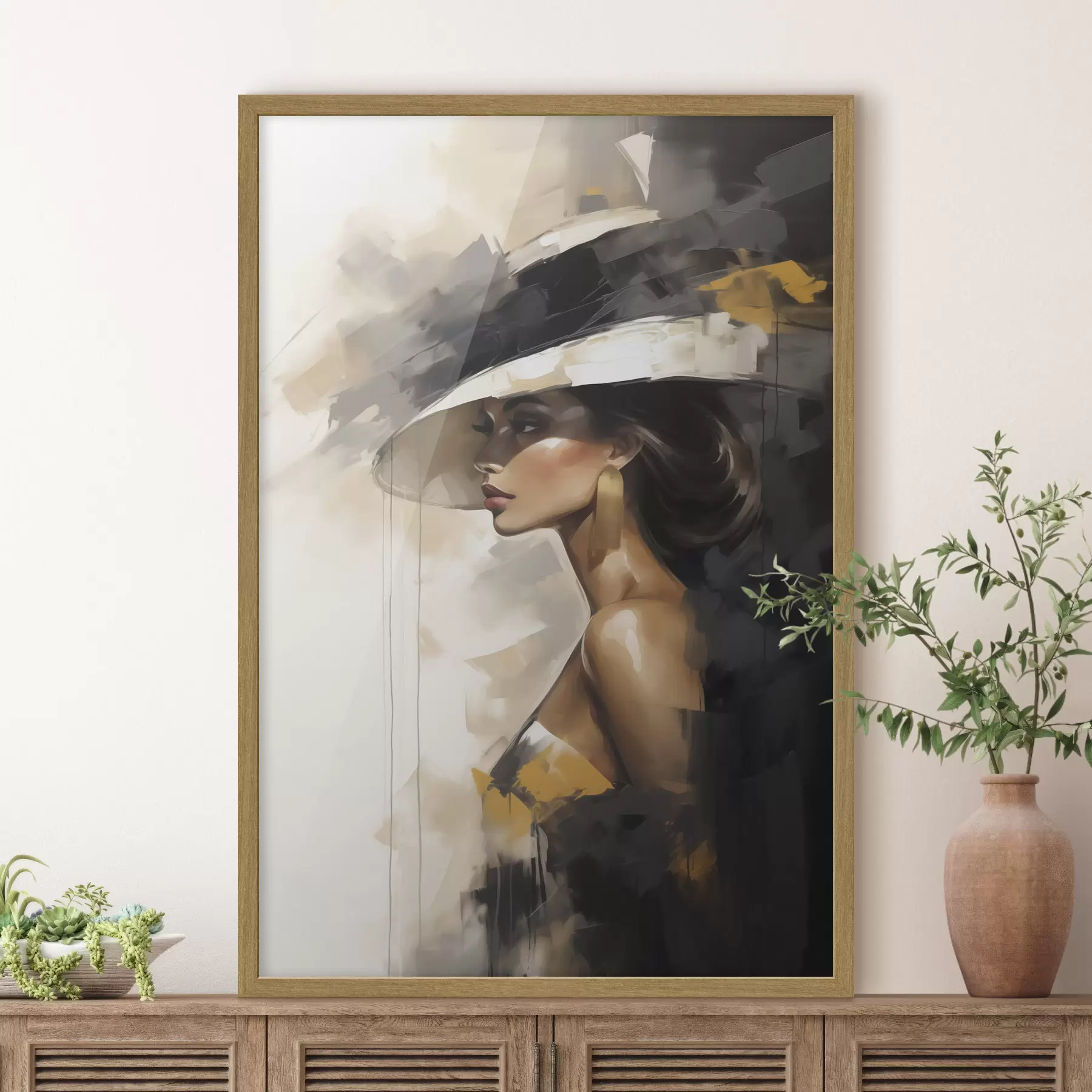 Papier peint photo Jeune femme abstraite coiffée d'un chapeau, imitant un tableau f50845