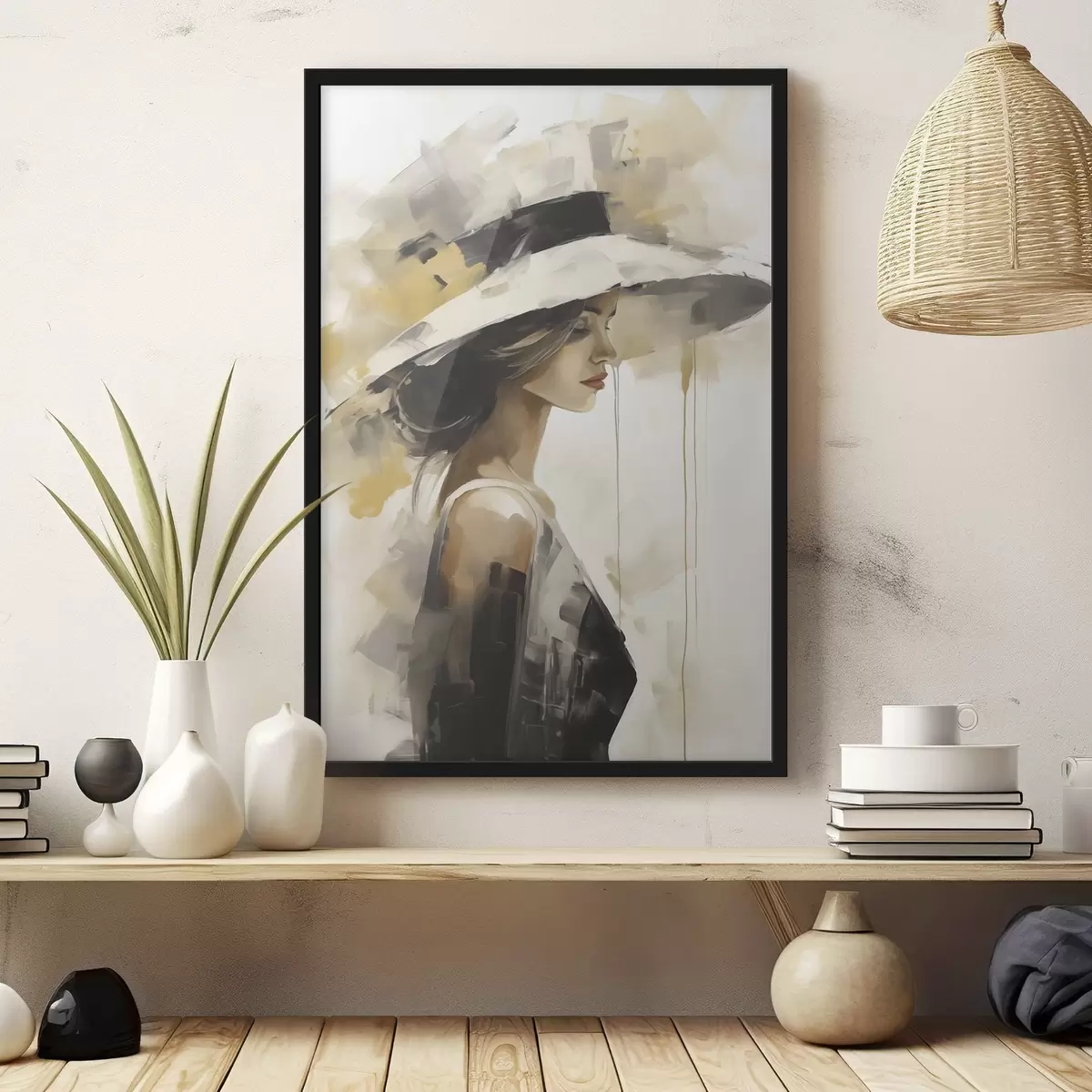 Poster Jonge vrouw met een hoed, imitatie-schilderij f50846