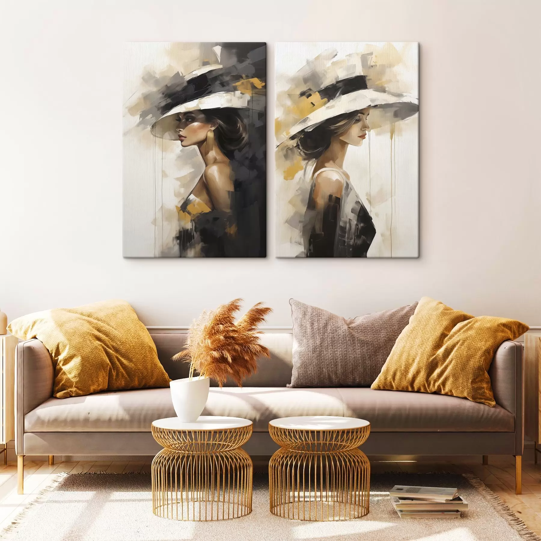  Peintures Jeune femme abstraite coiffée d'un chapeau, imitant un tableau m31026