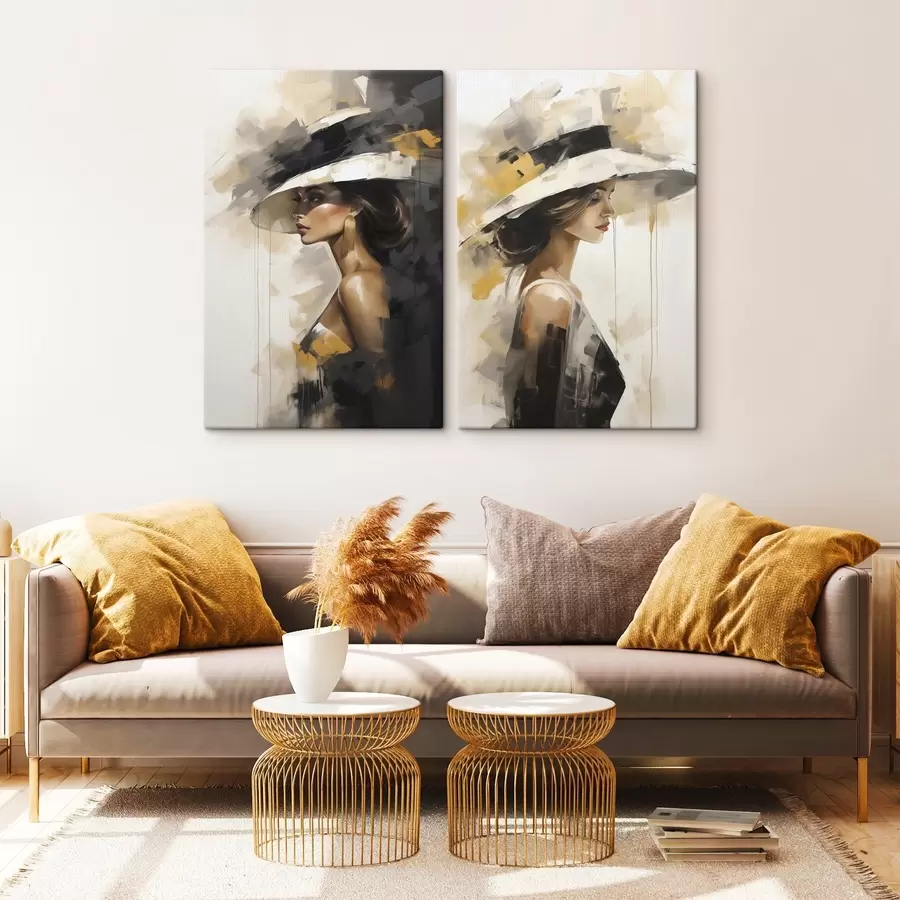  Peintures Jeune femme abstraite coiffée d'un chapeau, imitant un tableau m31026