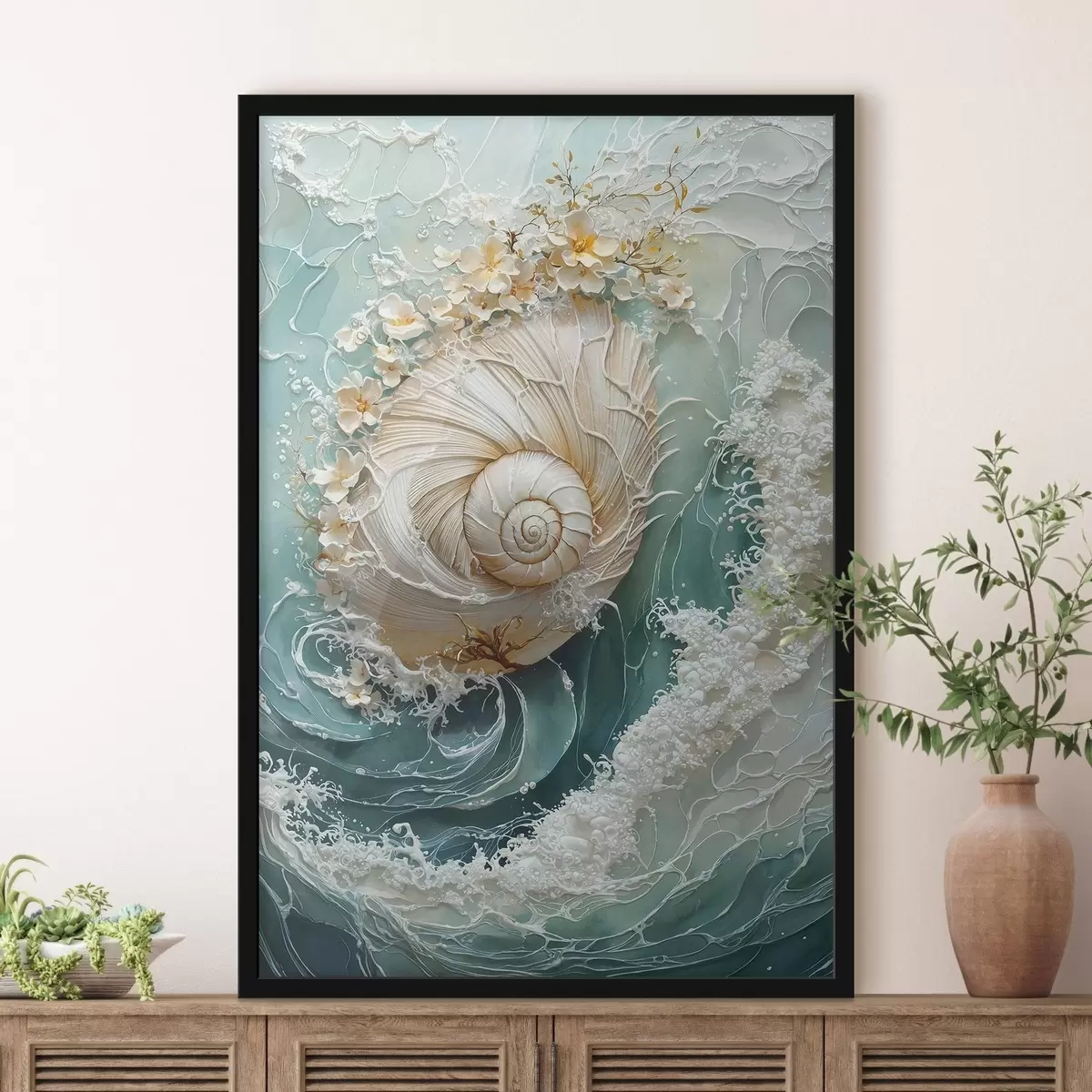 Poster Parelmoerschelp in zeegolfmotief f50741