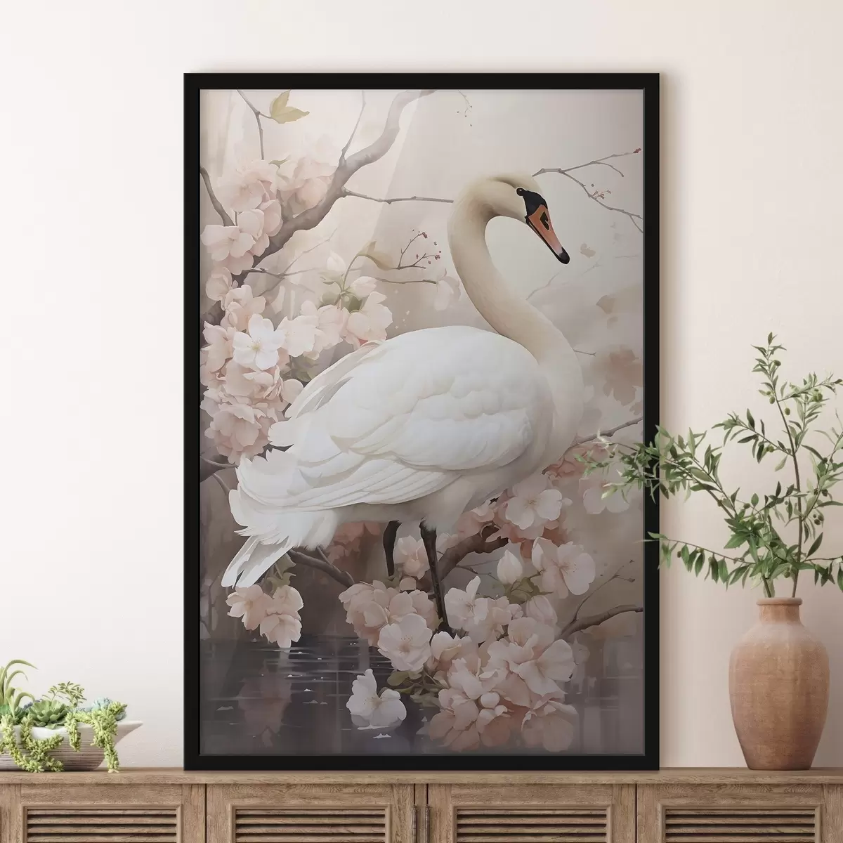 Affiche Cygne blanc dans un jardin en fleurs f50743