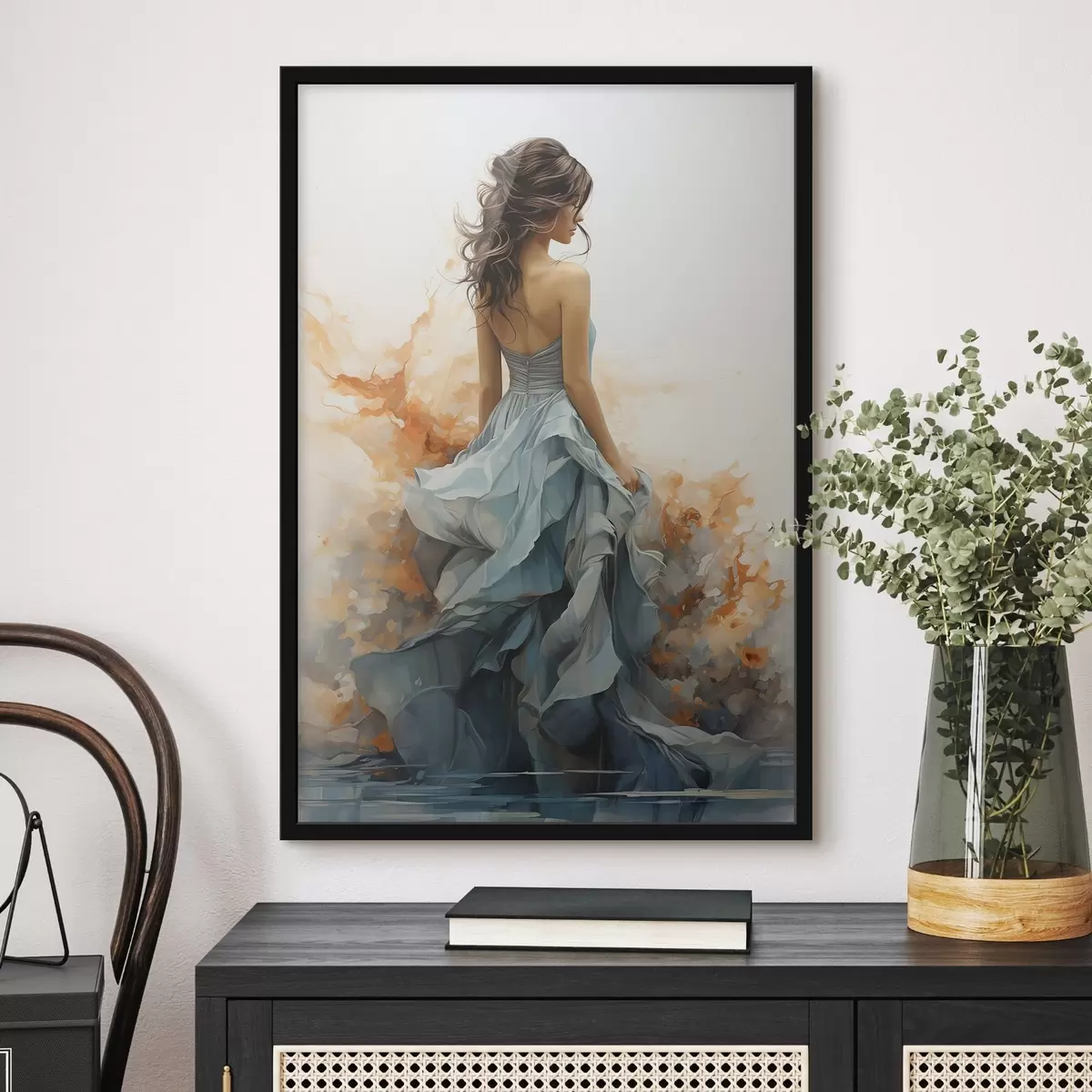 Poster Vrouw in een wijdvallende blauwe jurk f50747