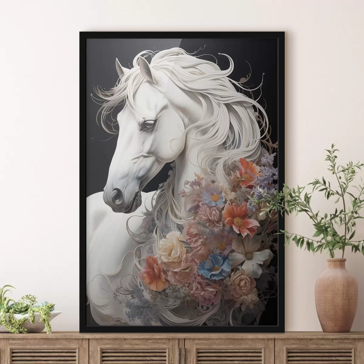 Poster Sneeuwwit paard met vurige manen f50762