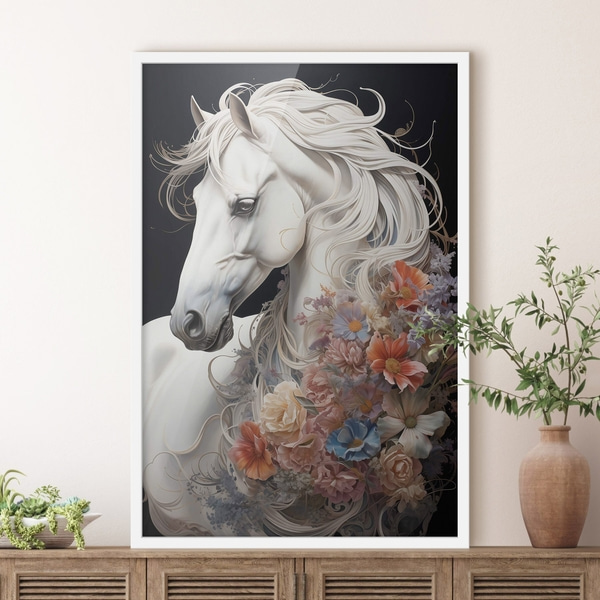 Affiche Cheval blanc comme neige à la crinière flamboyante, Posters insectes et animaux, f50762wh : Uwalls