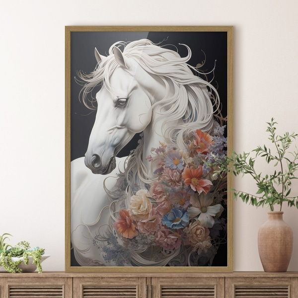 Affiche Cheval blanc comme neige à la crinière flamboyante, Posters insectes et animaux, f50762wo : Uwalls