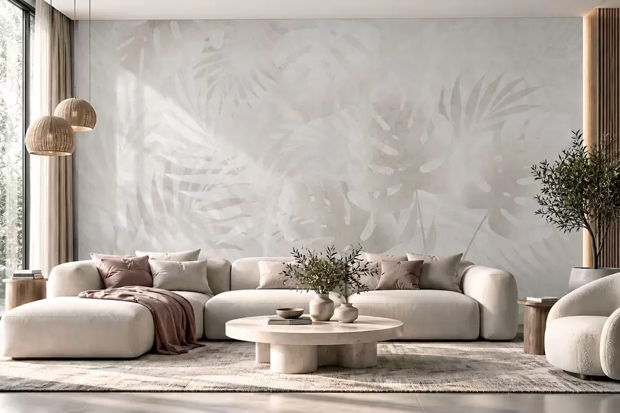 Papier peint photo Feuilles tropicales avec un effet grunge dans des tons beige poudré w10080