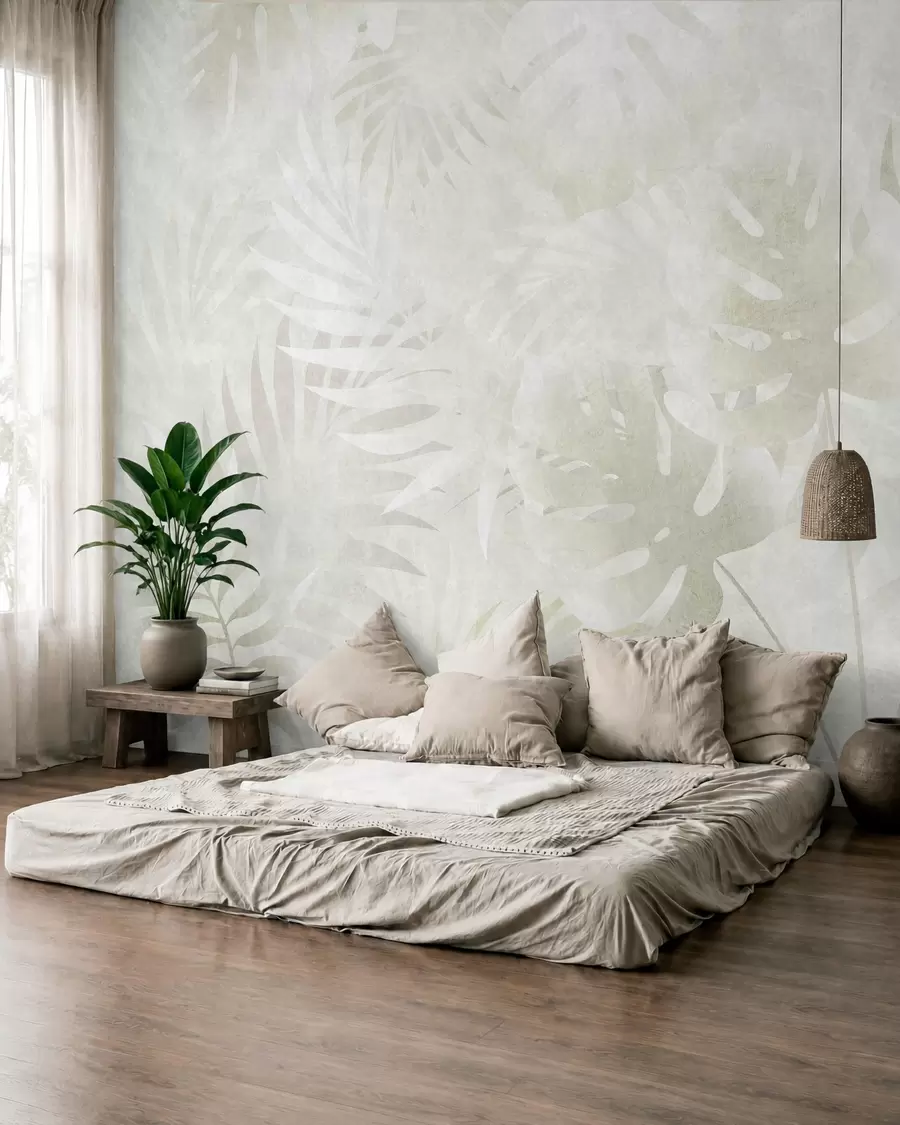 Papier peint photo Feuilles tropicales avec un effet grunge dans des tons beiges neutres w10080v1