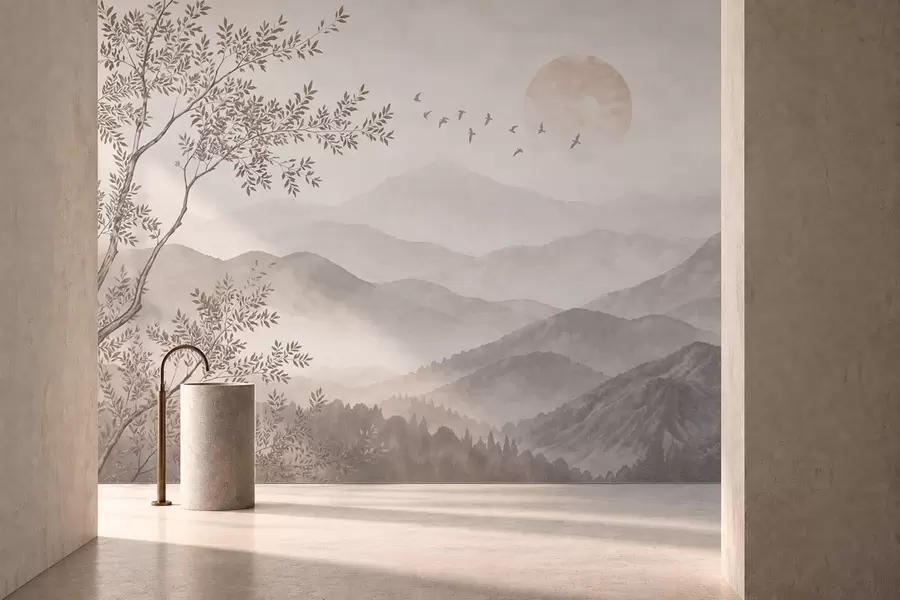 Papier peint photo Des montagnes brumeuses avec un arbre, des oiseaux et le soleil w05924v1