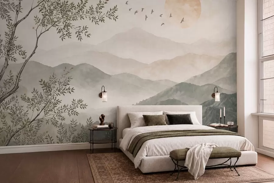 Fotobehang Berglandschap met een boom, vogels en de zon w05924