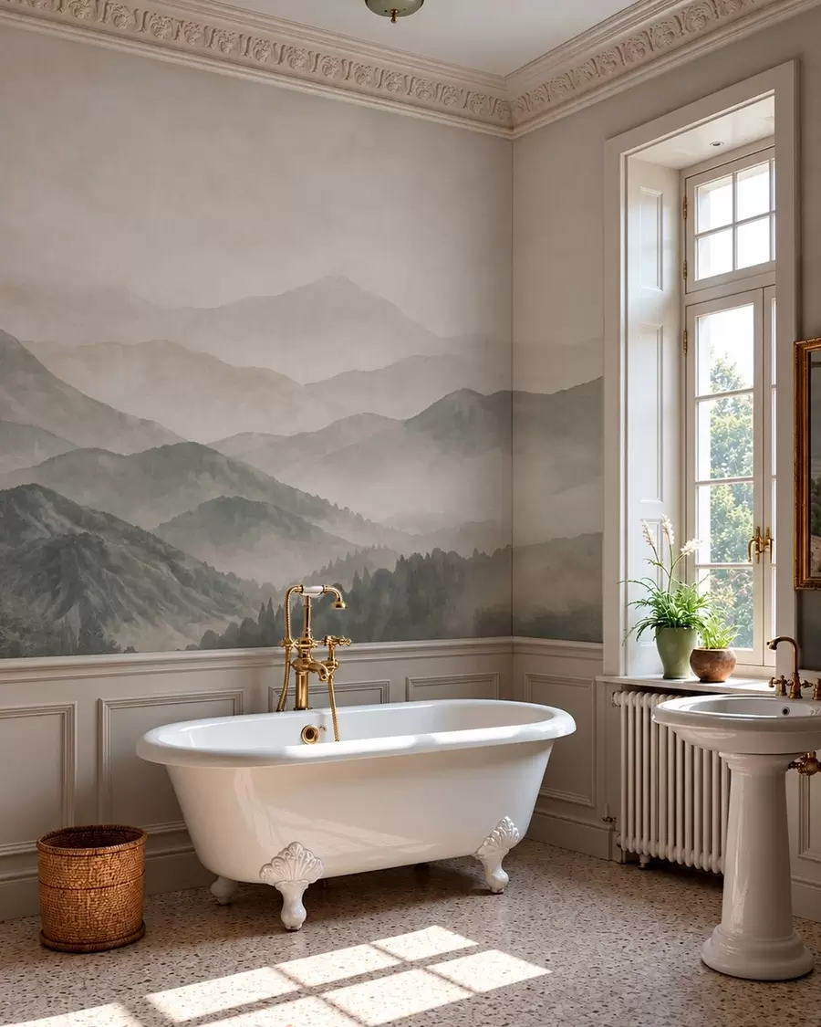 Fotobehang Gelaagde bergkammen in een lichte mist w05925v2
