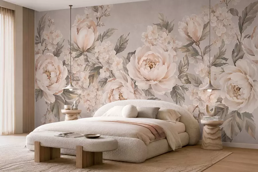 Fotobehang Fijne crèmekleurige bloemen en groene blaadjes in pasteltinten w05926