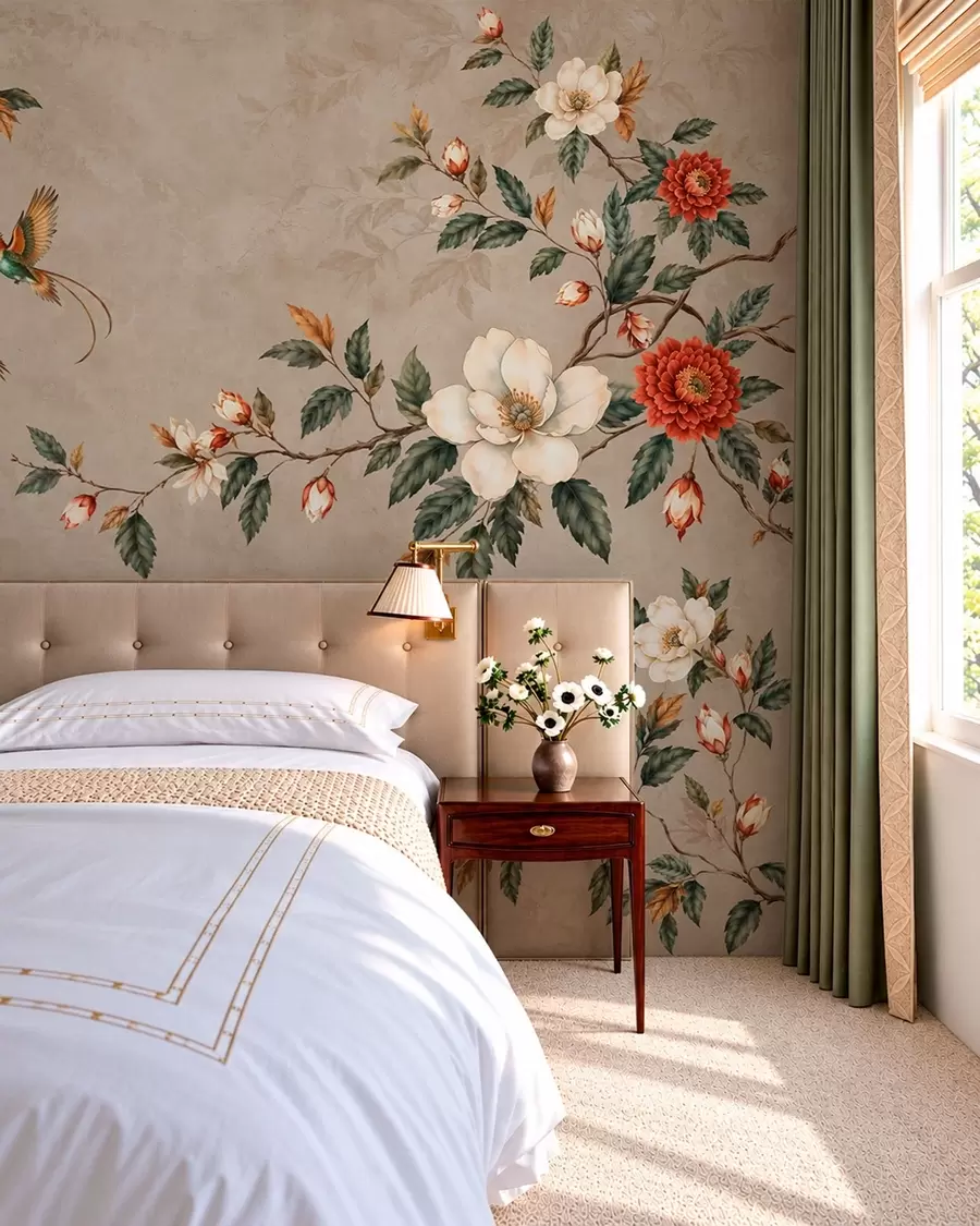 Fotobehang Bloemen, groene bladeren en twee vogels op een lichte achtergrond w05927v1