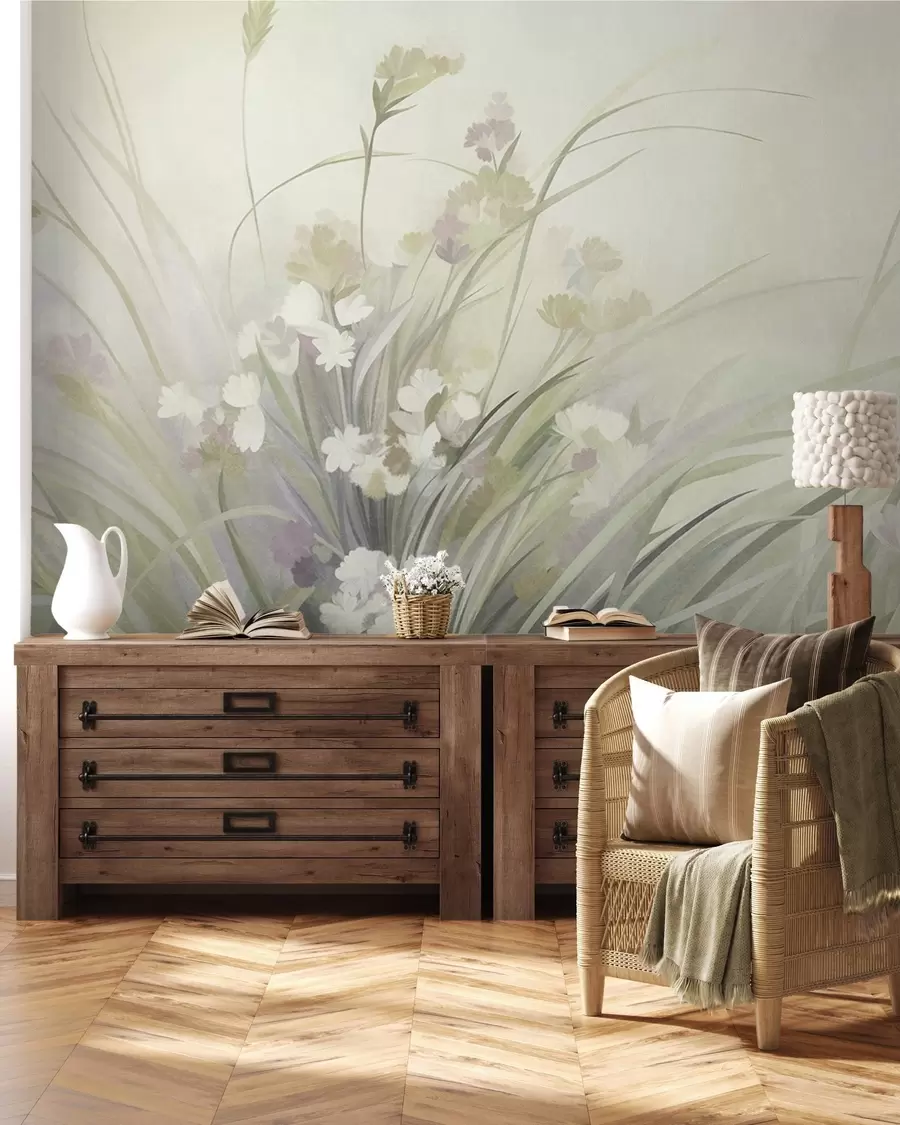 Fotobehang Hoog gras en wilde bloemen in zachte groene tinten, kunst met textuur w10062v1