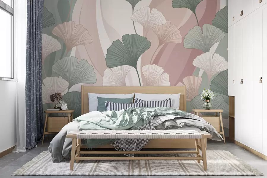 Papier peint photo Feuilles de ginkgo aux couleurs pastel sur un fond abstrait dans des tons de vert, crème, beige et rose poudré w10040