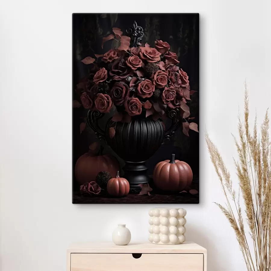  Peintures Roses bordeaux et citrouille dans un vase foncé s50913