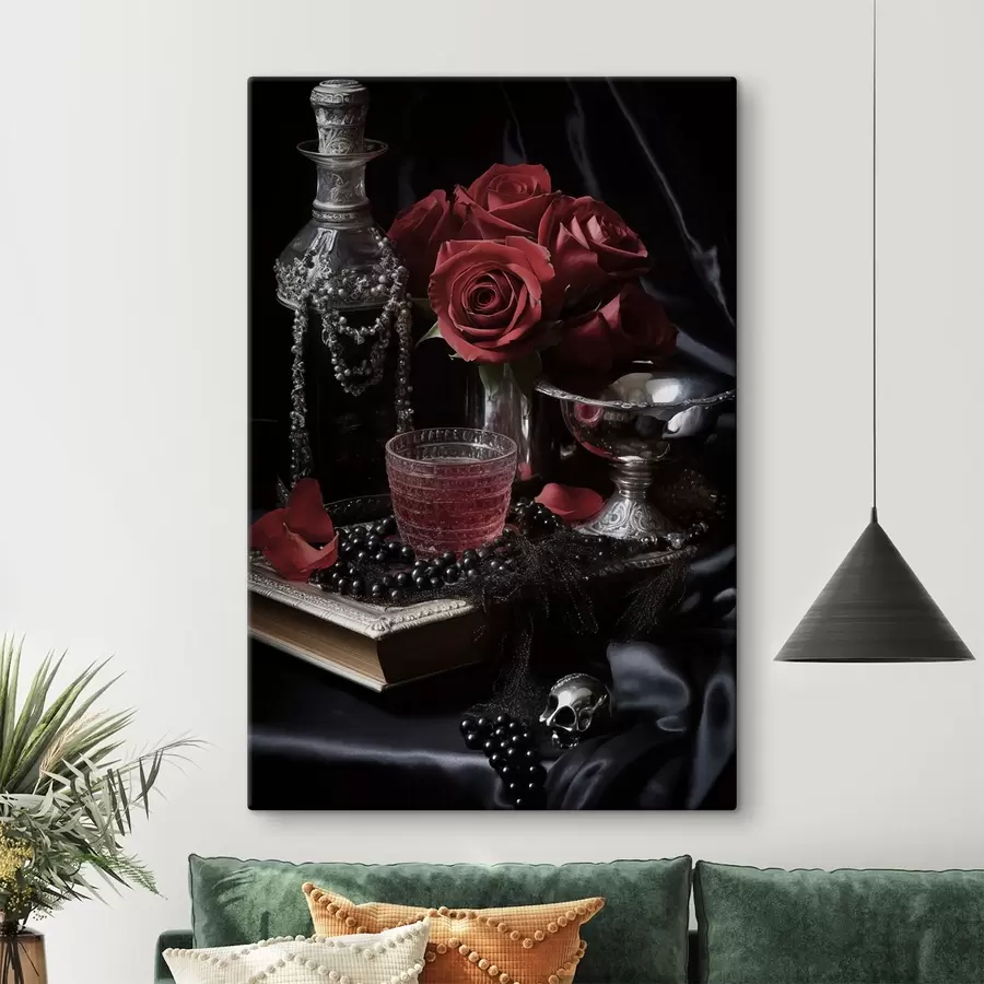 Fotobehang Vintage stilleven met glas en rozen s50915