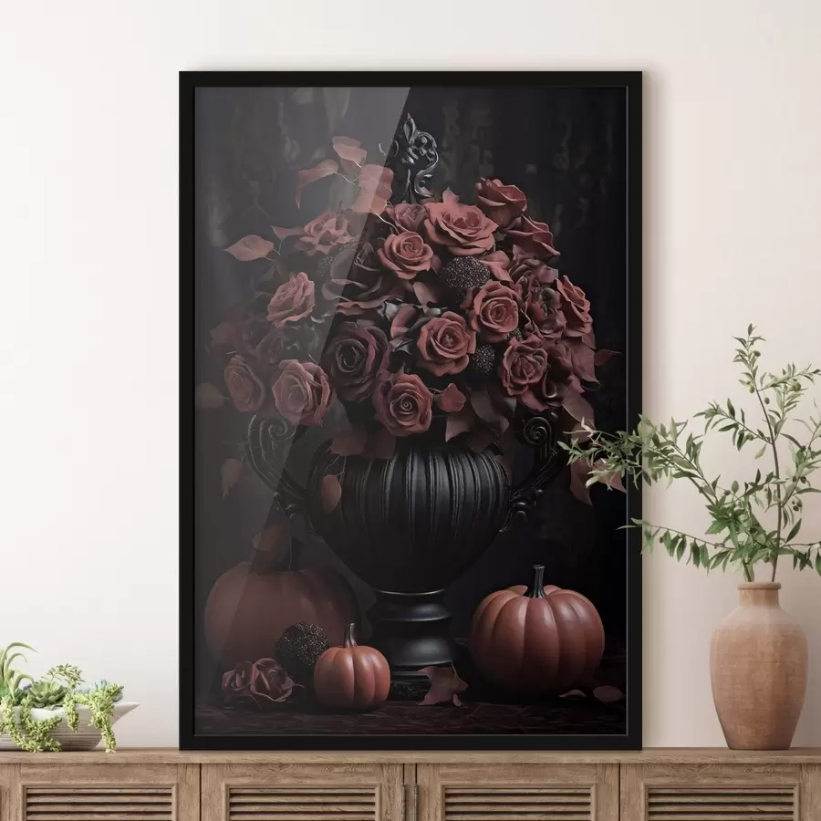 Fotobehang Bordeauxrode rozen en pompoen in een donkere vaas f50913
