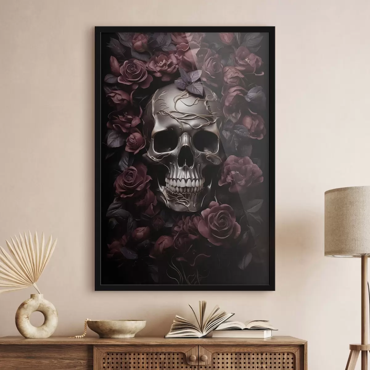 Affiche Relief mystérieux représentant un crâne parmi des roses de Bourgogne f50914