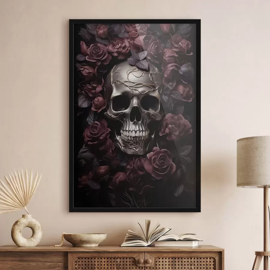 Papier peint photo Relief mystérieux représentant un crâne parmi des roses de Bourgogne f50914