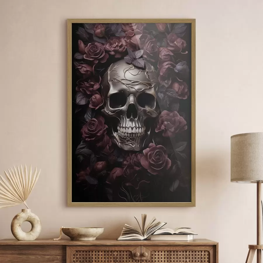 Papier peint photo Relief mystérieux représentant un crâne parmi des roses de Bourgogne f50914