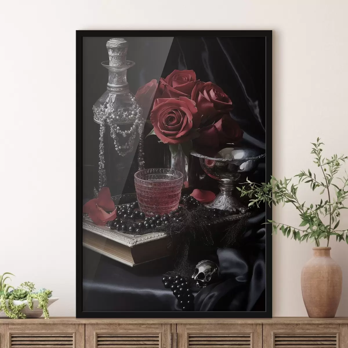 Affiche Nature morte vintage avec un verre et des roses f50915