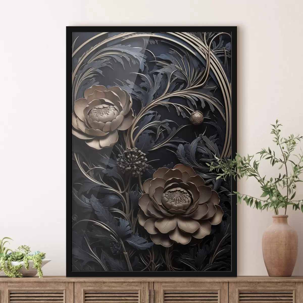 Affiche Ornement en bronze en relief avec des fleurs f50918