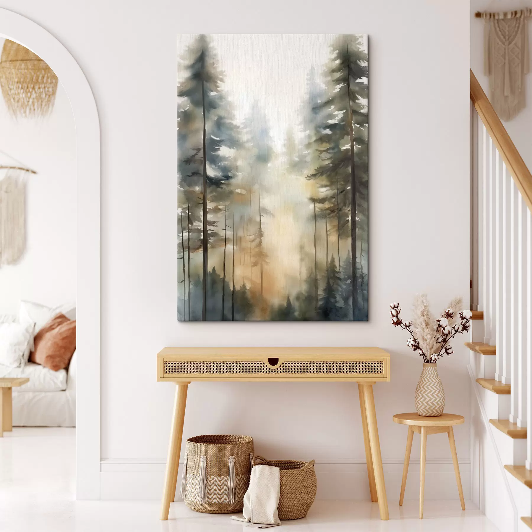  Peintures De grands pins dans une forêt brumeuse baignée de lumière ensoleillée s50948