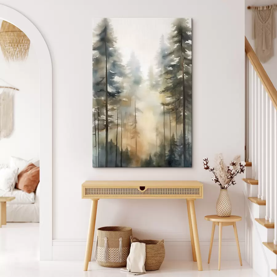  Peintures De grands pins dans une forêt brumeuse baignée de lumière ensoleillée s50948