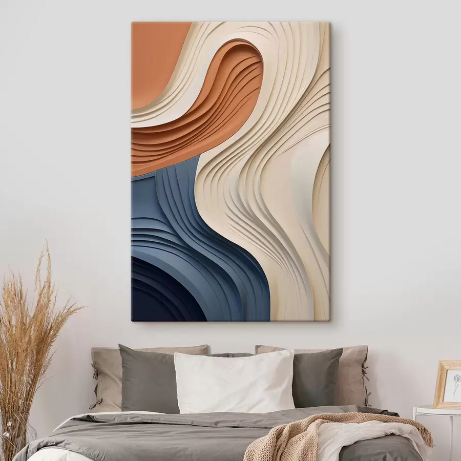  Schilderijen Abstracte, golvende lagen in crème, blauw en oranje, moderne kunst met textuur s50950