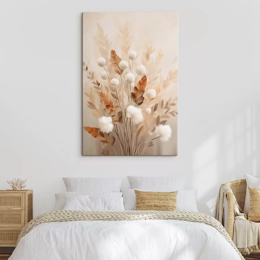  Schilderijen Een boeket van witte, pluizige bloemen en gedroogde oranje blaadjes in zachte, ingetogen kleuren s50951