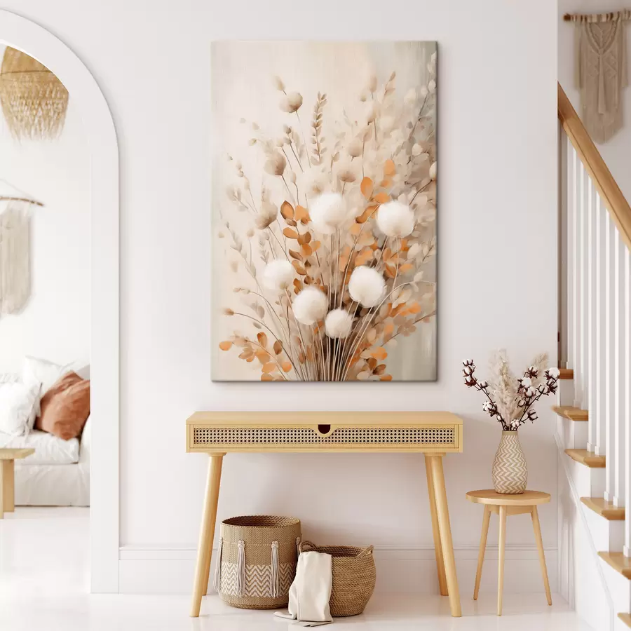  Schilderijen Een boeket van witte, pluizige bloemen en gedroogde oranje blaadjes in zachte, ingetogen kleuren s50952