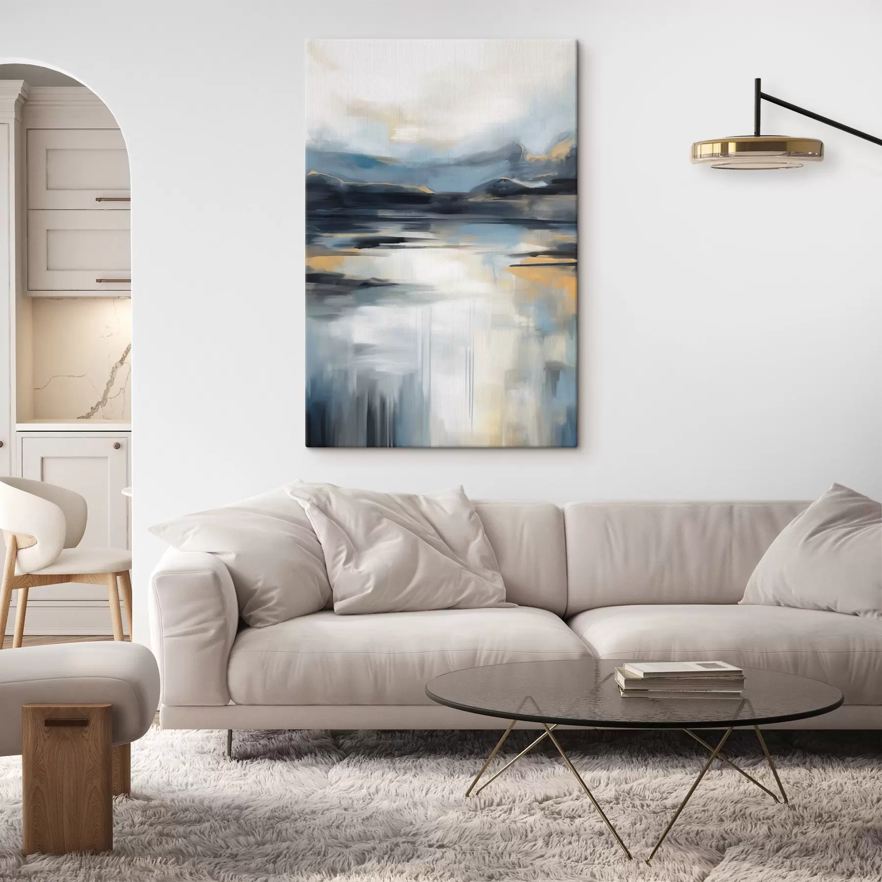  Peintures Paysage abstrait aux tons bleus, gris et jaunes, imitant une peinture texturée s50946