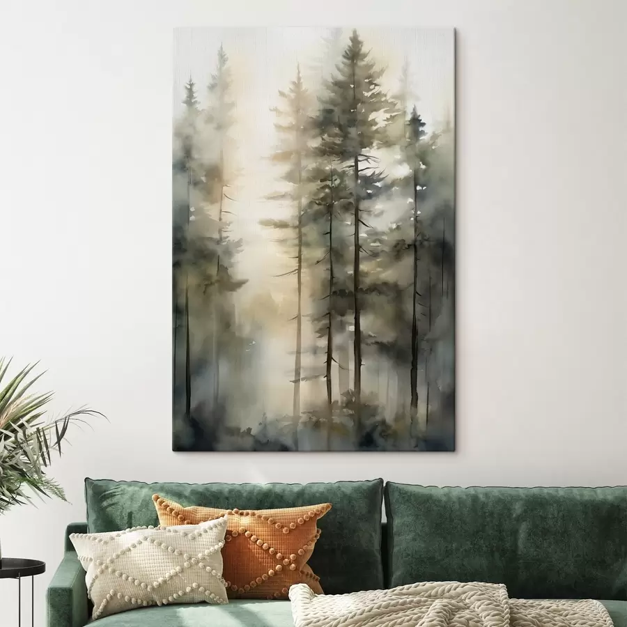  Peintures De grands pins dans une forêt brumeuse baignée de lumière ensoleillée s50947