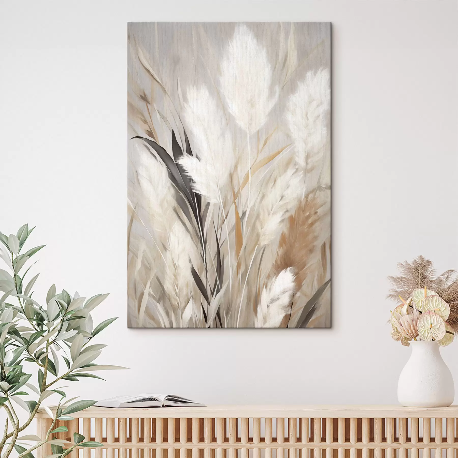  Peintures Herbe de la pampa aux feuilles blanches et noires sur un fond neutre s50955