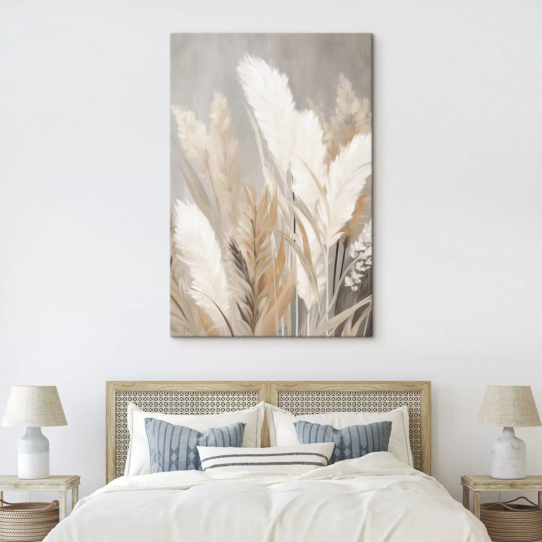  Peintures Herbe de la pampa aux feuilles blanches et noires sur un fond neutre s50956