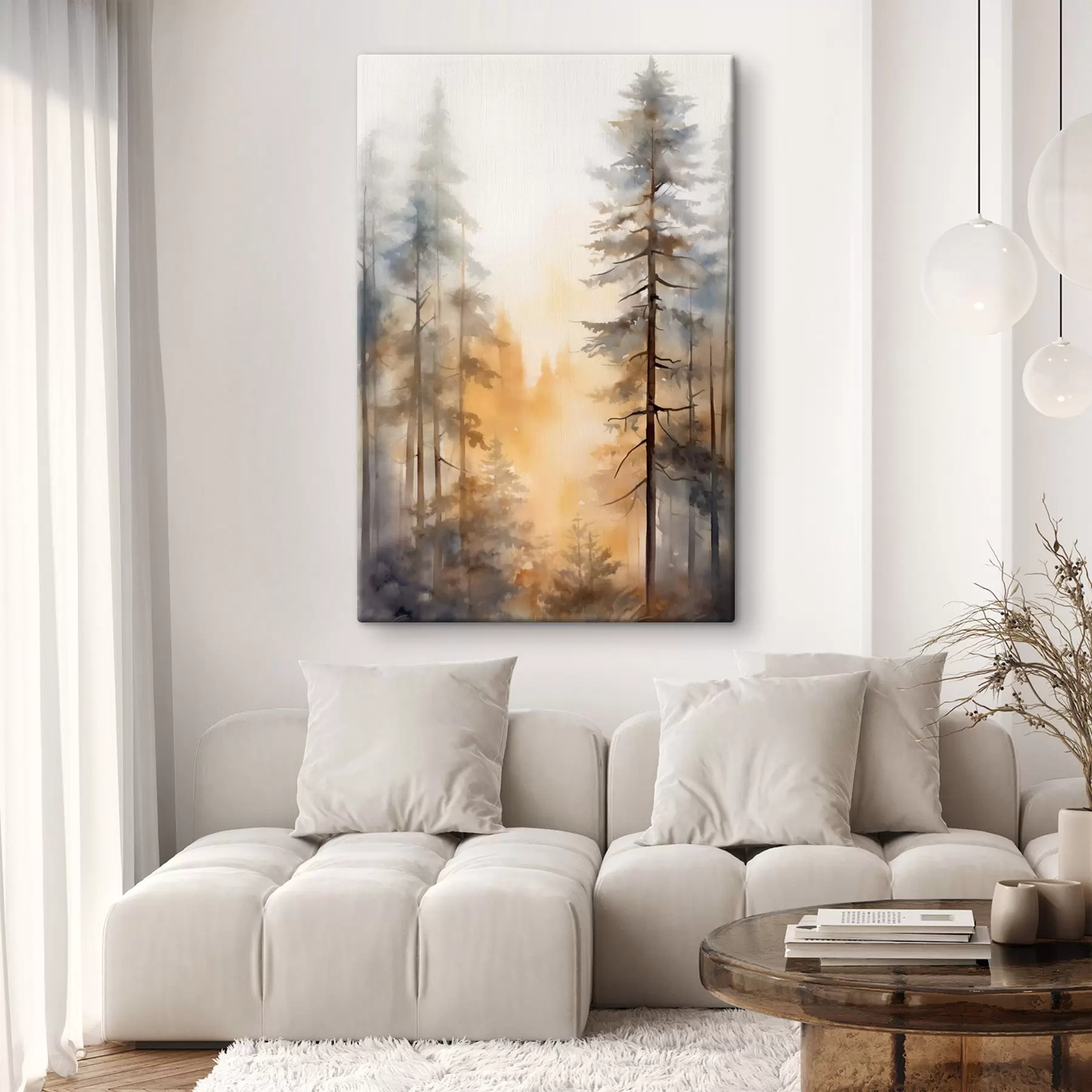  Peintures De grands pins, un paysage forestier baigné d'une lumière orange chaleureuse s50959