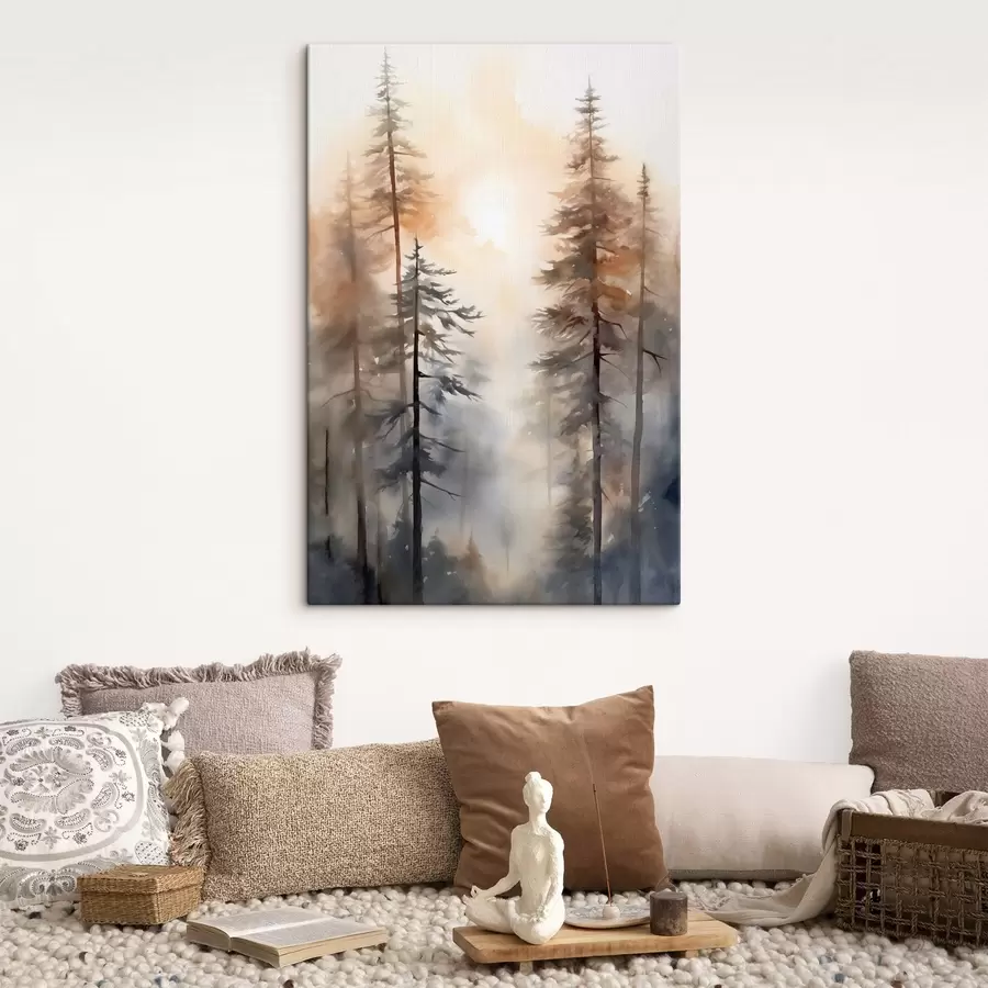  Schilderijen Hoge dennenbomen, boslandschap met warm oranje licht s50960