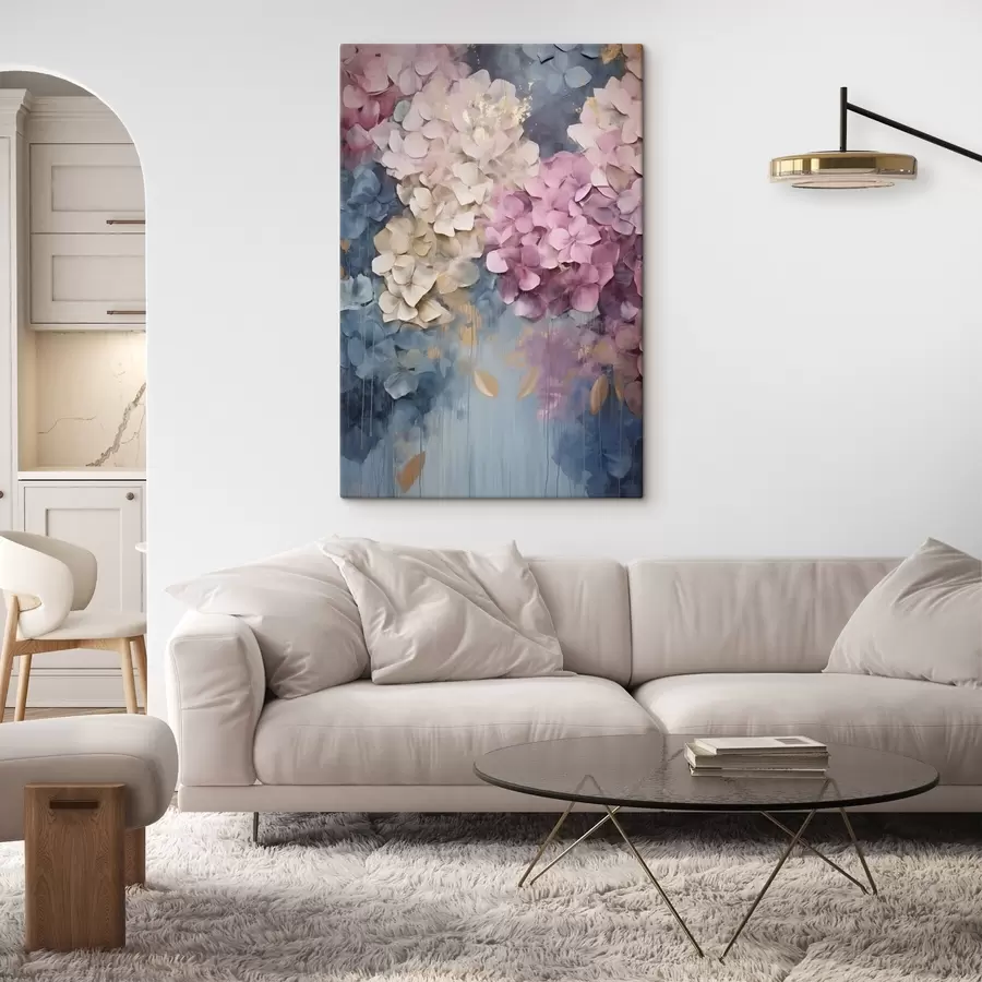  Schilderijen Hortensia’s in roze, crèmekleurige en blauwe tinten, met bloemblaadjes met een structuur, abstracte kunst s50967
