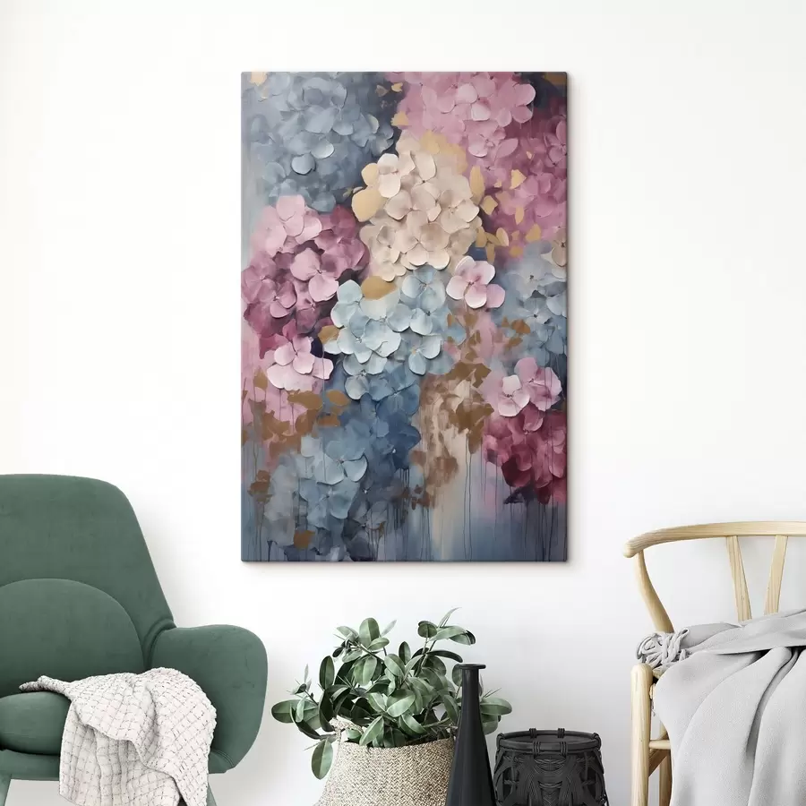  Peintures Hortensias dans des tons de rose, crème et bleu, aux pétales texturés, art abstrait s50968