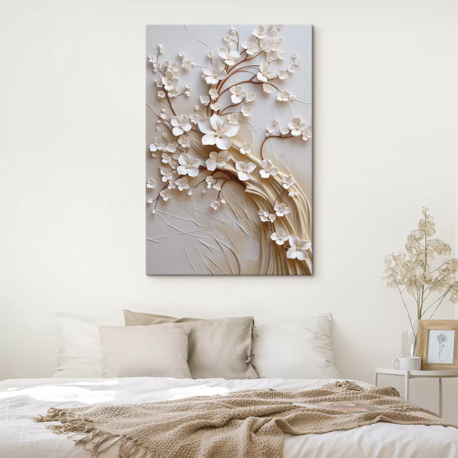  Schilderijen Boom met witte bloemen en bruine stengels, lichtbeige achtergrond met gestructureerde krullen s50971
