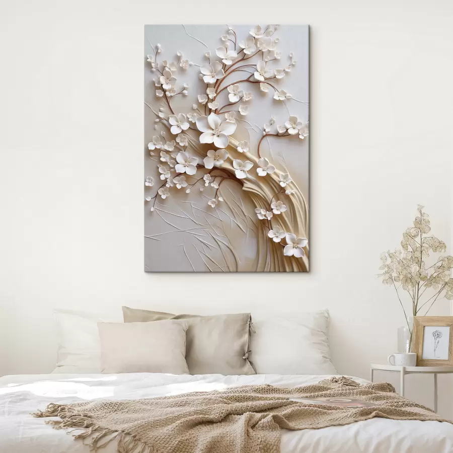  Schilderijen Boom met witte bloemen en bruine stengels, lichtbeige achtergrond met gestructureerde krullen s50971