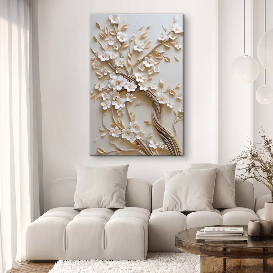  Peintures Arbre aux fleurs blanches et aux tiges brunes, sur fond beige clair orné de volutes texturées s50972