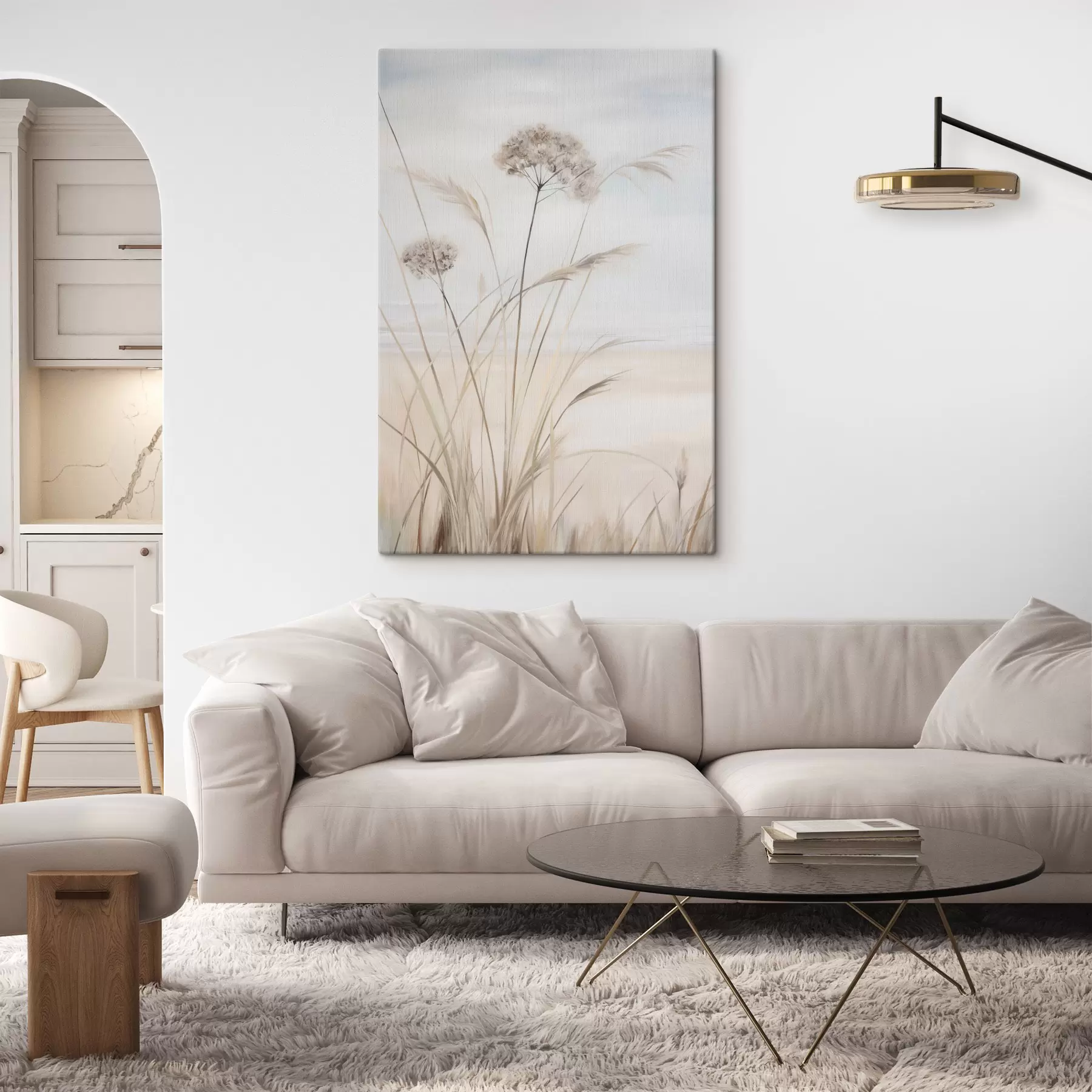  Schilderijen Hoog, droog gras en bloemen in ingetogen beige- en wittinten, met een zachte, wazige achtergrond s50973