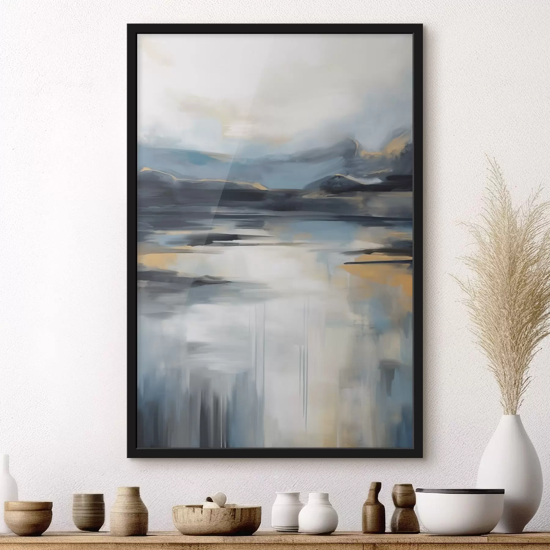 Papier peint photo Paysage abstrait aux tons bleus, gris et jaunes, imitant une peinture texturée f50946